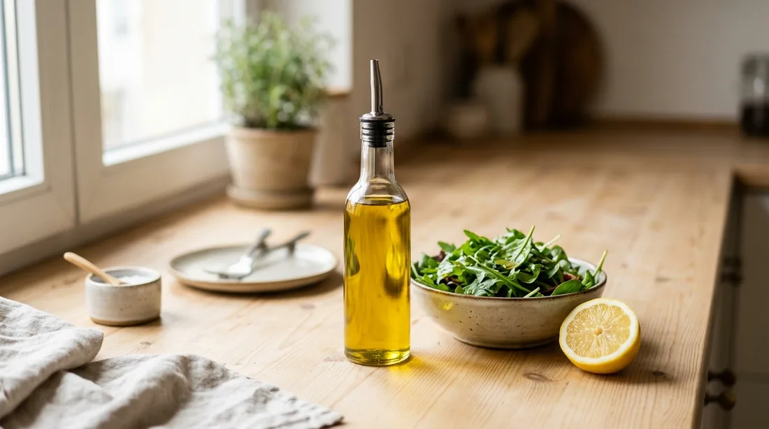 Ölflasche mit Ausgießer auf einer hellen Holzarbeitsplatte, daneben eine Schüssel Blattsalat und eine halbierte Zitrone im Morgenlicht
