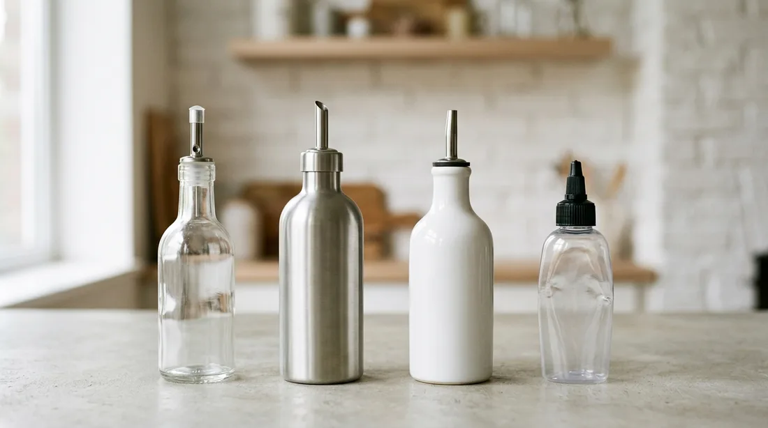 Vier leere Ölbehälter nebeneinander, stellvertretend für die Werkstoffe dieser Seite: eine Glasflasche, eine Edelstahlflasche, eine Keramikflasche und eine Kunststoff-Quetschflasche